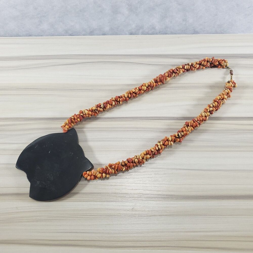 Vintage Lee Sands Inlaid Lion Pendant Statement Necklace Coral Orange 9" 22" - Picture 7 of 12